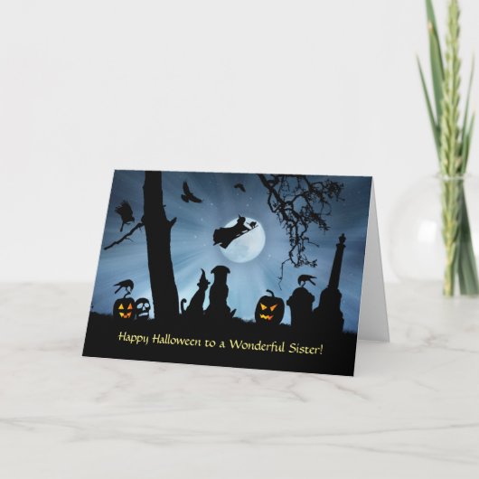 Carte Sister Halloween Cute Dog and Cat With Witch (Devant)