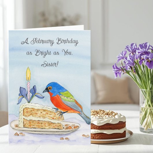 Carte Sister Happy February Birthday Painted Bunting