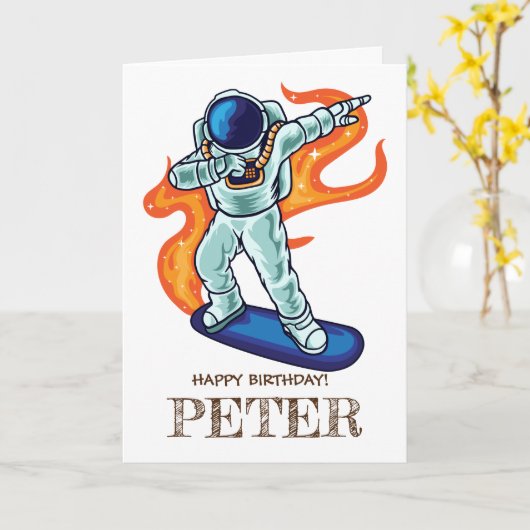 Carte SKATEBOARD Cute astronaute dans l'espace. (Fleur jaune)