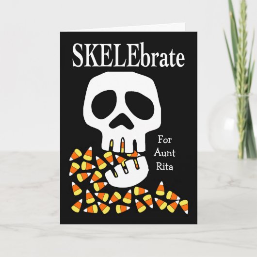 Carte SKELEbrate Halloween Crâne et Corne de bonbons pou (Devant)