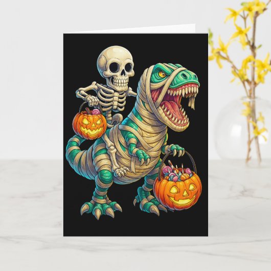 Carte Skeleton Whimsical équitation maman T-Rex Hallowee (Fleur jaune)