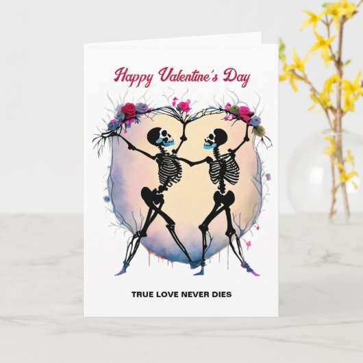 Carte Skeletons Dansant devant le cadre en forme de coeu (Fleur jaune)