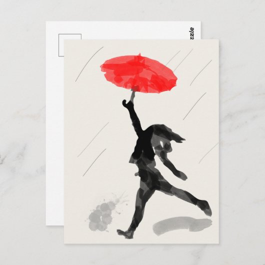 Carte Sketch Fille Avec Parapluie Rouge (Devant / Derrière)