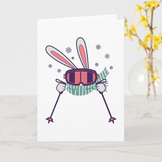 Carte Ski lapin avec bâtons de ski lunettes de ski et éc (Fleur jaune)