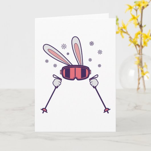 Carte Ski Rabbit avec bâtons de ski et lunettes de ski (Fleur jaune)
