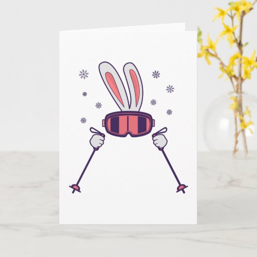 Carte Ski Rabbit avec bâtons de ski et lunettes de ski (Fleur jaune)