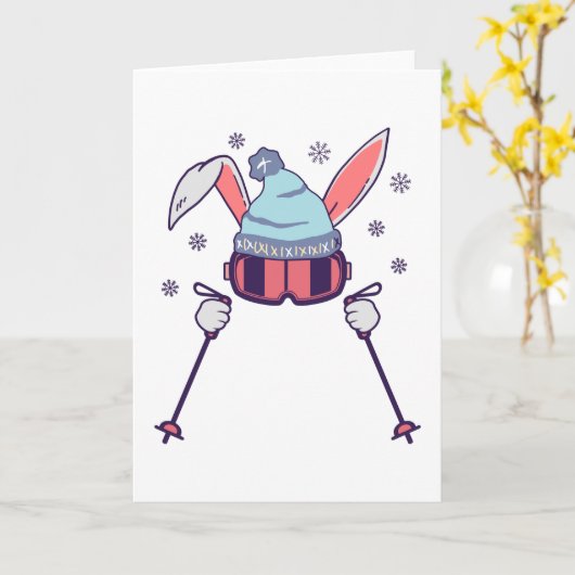 Carte Ski Rabbit avec bâtons de ski ski lunettes de ski (Fleur jaune)