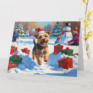 Carte Skye Terrier courant dans la neige avec un chapeau