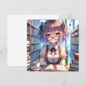 Carte Smart Anime Girl in Library Reading Books (Devant / Derrière)