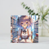 Carte Smart Anime Girl in Library Reading Books (Debout devant)