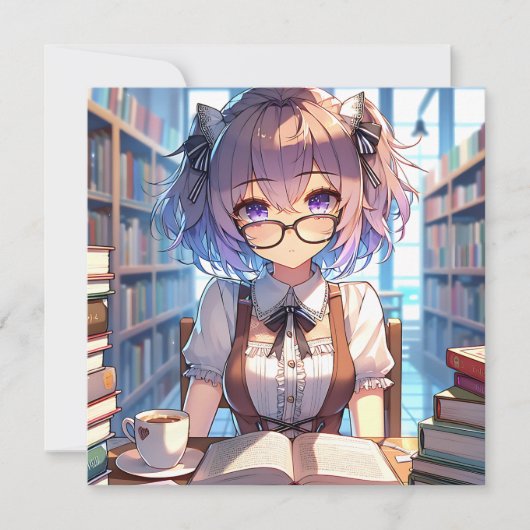 Carte Smart Anime Girl in Library Reading Books (Devant)