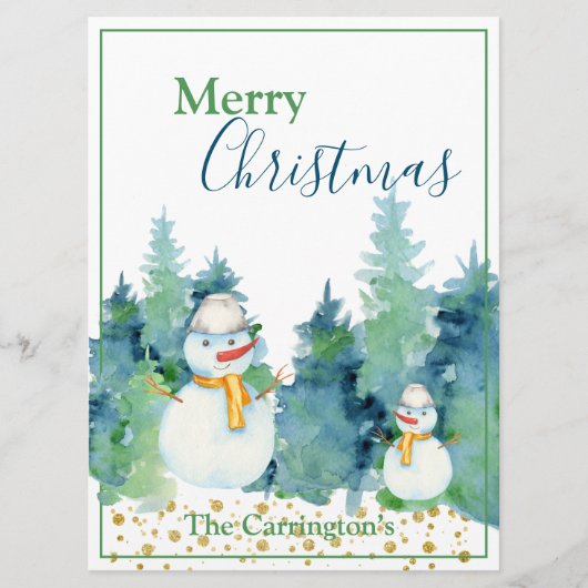 Carte Snowman Aquarelle Arbres Joyeux Noël (Devant)