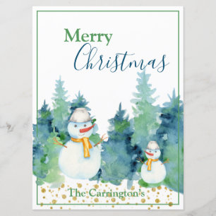 Carte Snowman Aquarelle Arbres Joyeux Noël
