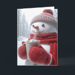 Carte Snowman avec Chocolat chaud et flocons de neige<br><div class="desc">Un joyeux bonhomme de neige habillé d'un casquette rouge,  d'une écharpe et de mitaines tient une tasse de chocolat chaud bouillonnante surmontée de guimauves dans des flocons de neige. Le texte peut être modifié.</div>
