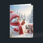 Carte Snowman De Noël Avec Cône De Crème De Glace<br><div class="desc">Un joyeux bonhomme de neige portant un casquette rouge et une écharpe tient un cône de glace avec un chien qui le regarde assis dans la neige profonde. Le texte peut être modifié.</div>