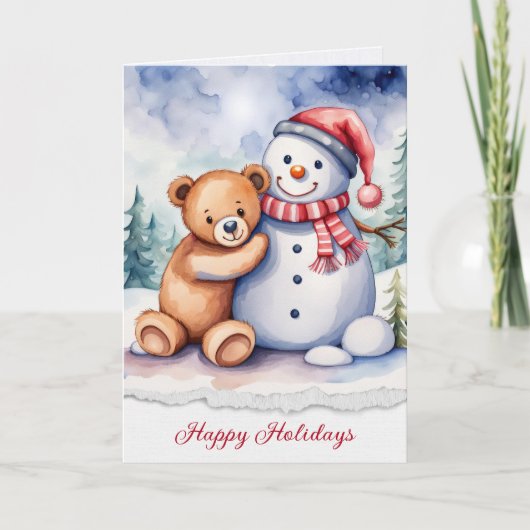 Carte Snowman de Noël et ours en peluche (Devant)