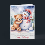 Carte Snowman de Noël et ours en peluche<br><div class="desc">Un ours en peluche d'aquarelle serrant un bonhomme de neige dans la forêt d'hiver avec une bordure en papier déchiré pour Noël. Tout le texte peut être modifié.</div>