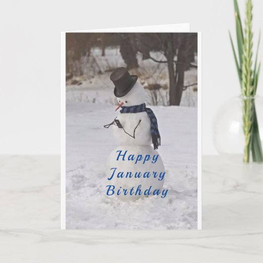 CARTE SNOWMAN DIT **HEUREUX JANVIER ANNIVERSAIRE** (Devant)