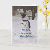 CARTE SNOWMAN DIT **HEUREUX JANVIER ANNIVERSAIRE** (Fleur jaune)