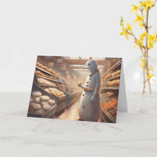 Carte Snowman drinking cocoa in the bakery Christmas (Fleur jaune)