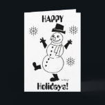 Carte Snowman "HAPPY HOLIDAYS"<br><div class="desc">La carte dit : "JEUX VACANCES !" Un hivernal, mignon bonhomme de neige pour égayer votre hiver ! Inspiré par l'original des années 1950 Frosty, look vintage, retro style Snowguy est le design le plus mignon pour sonner en hiver et applaudir sur la neige! Tiré à la main à l'encre...</div>