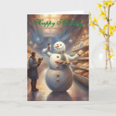 Carte Snowman in a grocery store Happy Holidays  (Fleur jaune)