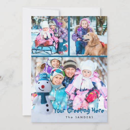 Carte Snowman, Salutation personnelle avec trois photos (Devant)