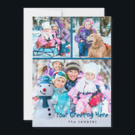 Carte Snowman, Salutation personnelle avec trois photos<br><div class="desc">Ce petit bonhomme de neige souriant avec casquette bleu et foulard envoie vos salutations personnalisées à votre famille et à vos amis avec trois de vos photos préférées. L'envers est décoré d'un flocon de neige aquarelle. Cliquez sur l'onglet PERSONNALISER pour apporter des modifications supplémentaires à votre guise, comme changer le...</div>