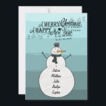 Carte Snowman Stripes<br><div class="desc">turquoise rayures abstraites bonhomme de neige de Noël personnalisé avec les cartes de noms</div>