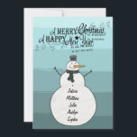 Carte Snowman Stripes<br><div class="desc">turquoise rayures abstraites bonhomme de neige de Noël personnalisé avec les cartes de noms</div>