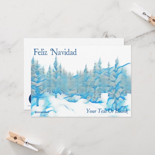 Carte Snowy Blue Trees - Feiz Navidad (Devant/Arrière en situation)