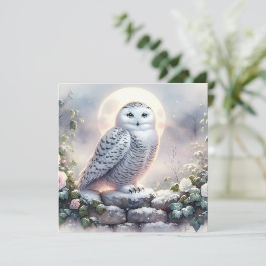 Carte Snowy Owl in Moonlit Winter Garden (Debout devant)