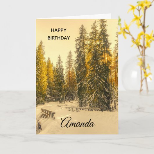 Carte Snowy Winter Path with Pine Trees Anniversaire (Fleur jaune)