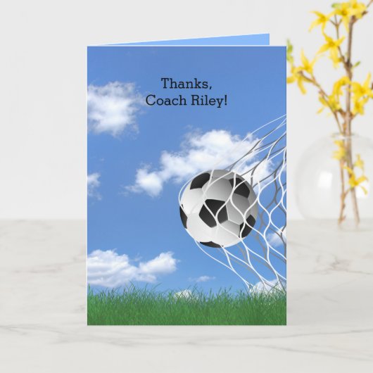 Carte Soccer Coach thank you with ball in net (Fleur jaune)