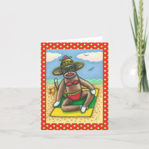 Carte SOCK MONKEY RED BIKINI, AU CARTOON DE PLAGE Drôle