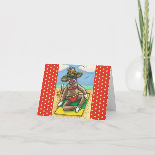 Carte SOCK MONKEY RED BIKINI, AU CARTOON DE PLAGE Drôle (Devant)