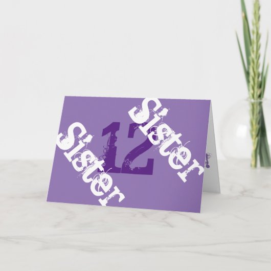 Carte Soeur, 12ème anniversaire, blanc sur violet. (Devant)