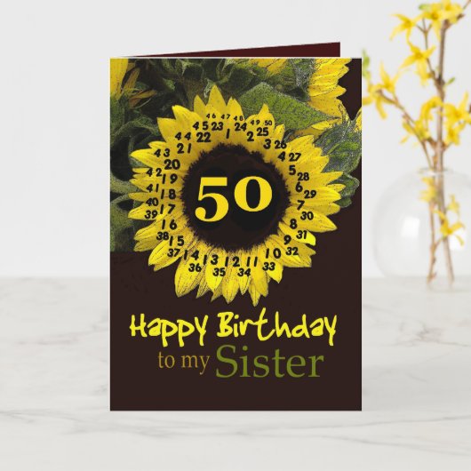Carte SOEUR - 50e anniversaire avec Tournesol joyeux (Fleur jaune)