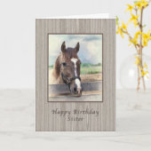 Carte Soeur, Anniversaire, Cheval Brown avec Bridle (Fleur jaune)