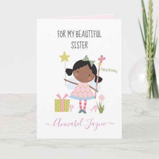 Carte Soeur anniversaire fée rose lunatique (Devant)