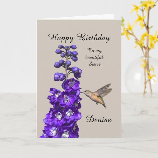 Carte Soeur d'anniversaire heureuse colibri, Denise (Fleur jaune)