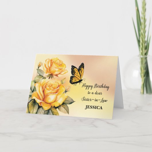 Carte Soeur en droit Anniversaire Roses Jaunes Papillon (Devant)