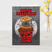 Carte soeur halloween cupcake cat, tabby gris (Fleur jaune)