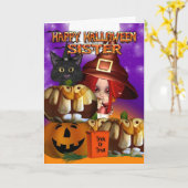Carte Soeur Halloween sorcière citrouille Jack-o'-lanter (Fleur jaune)