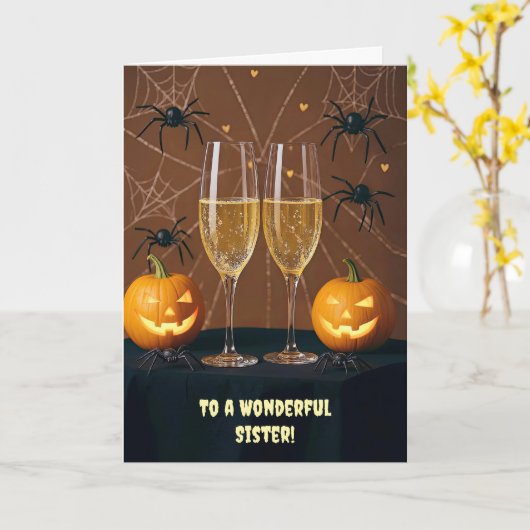 Carte Soeur Happy Halloween Champagne Cheers Drôle (Fleur jaune)