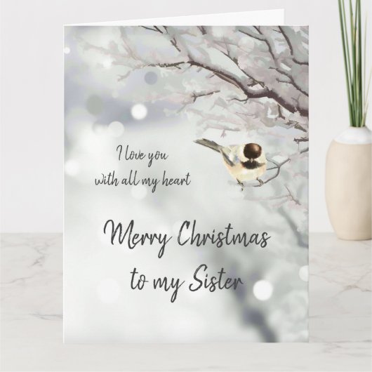 Carte Soeur Noël Aimer mon coeur Chickadee Bird (Devant)