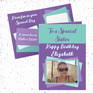 Carte Soeur photo nom vert violet anniversaire