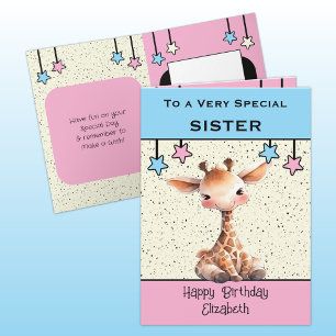 Carte Soeur spéciale girafe enfants bleu anniversaire