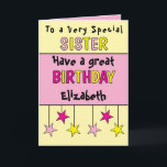 Carte Soeur spéciale nom rose<br><div class="desc">Célébrez votre soeur extraordinaire avec cette carte d'anniversaire vibrante ! C’est la façon idéale de lui faire savoir à quel point elle est spéciale. Ajoutez une touche personnelle en incluant son nom et un message d'anniversaire chaleureux pour rendre sa journée inoubliable. Cette carte est une excellente façon de dire, "Joyeux...</div>