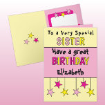 Carte Soeur spéciale nom rose<br><div class="desc">Célébrez votre soeur extraordinaire avec cette carte d'anniversaire vibrante ! C’est la façon idéale de lui faire savoir à quel point elle est spéciale. Ajoutez une touche personnelle en incluant son nom et un message d'anniversaire chaleureux pour rendre sa journée inoubliable. Cette carte est une excellente façon de dire, "Joyeux...</div>